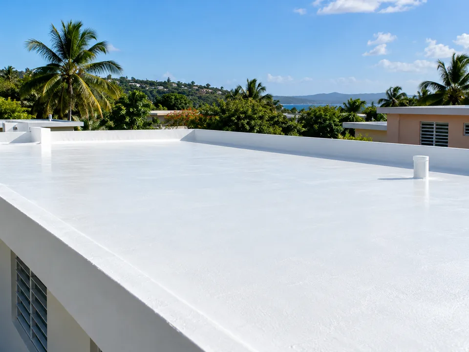 Techo residencial de concreto con una superficie blanca sellada bajo el sol tropical